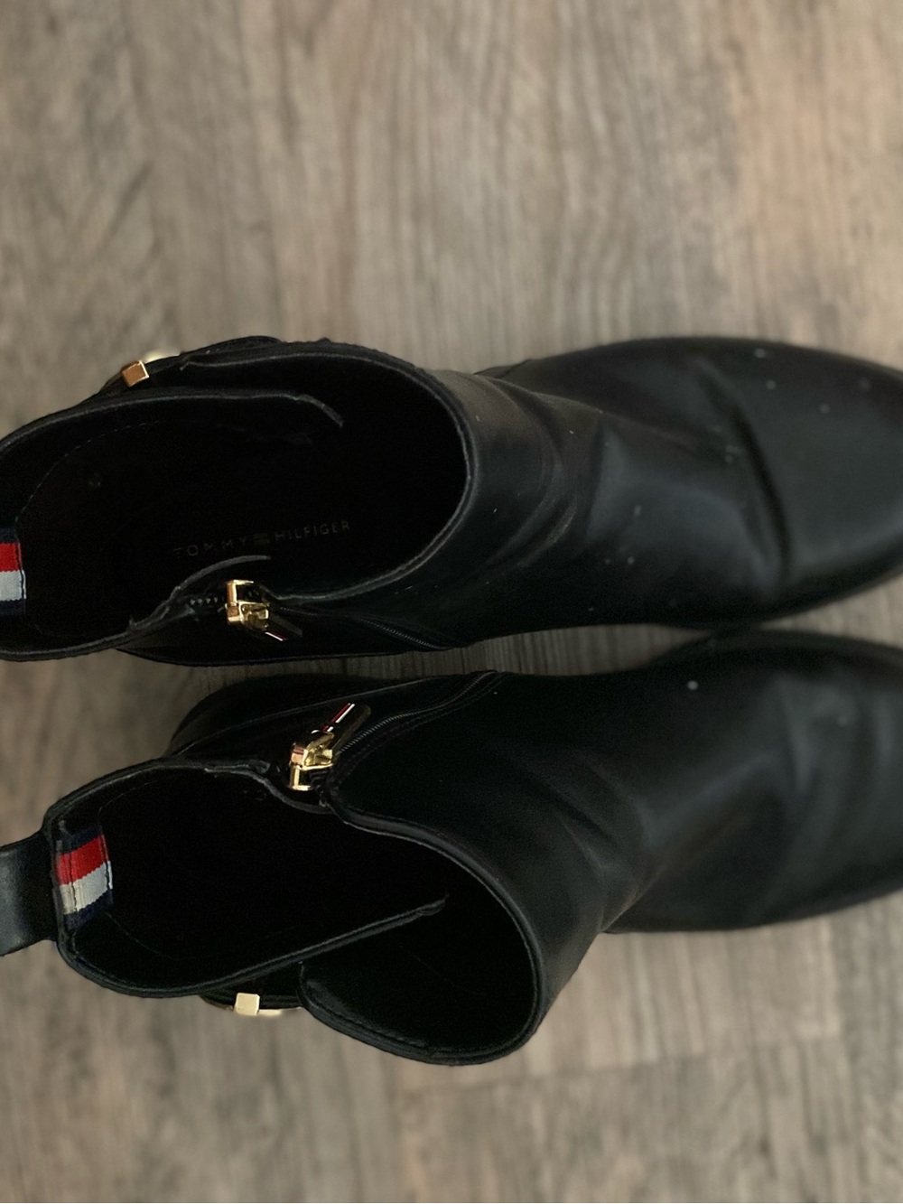 Tommy Hilfiger Black Leather Zip Ankle Booties with Flag Tab